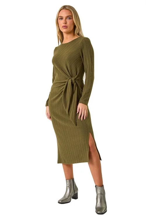 Roman Khaki Petite Brushed Tie Waist Stretch Midi Dress - 10 Image 2