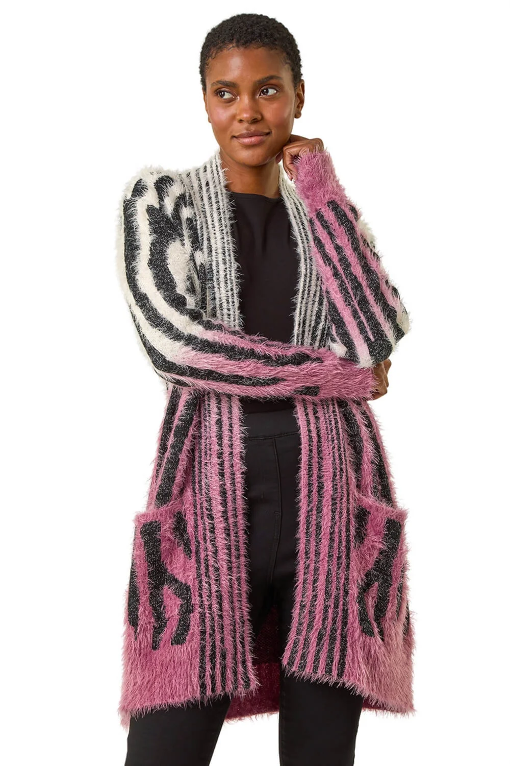 Roman Plum Metallic Zebra Print Fluffy Cardigan - Size 18 Image 1