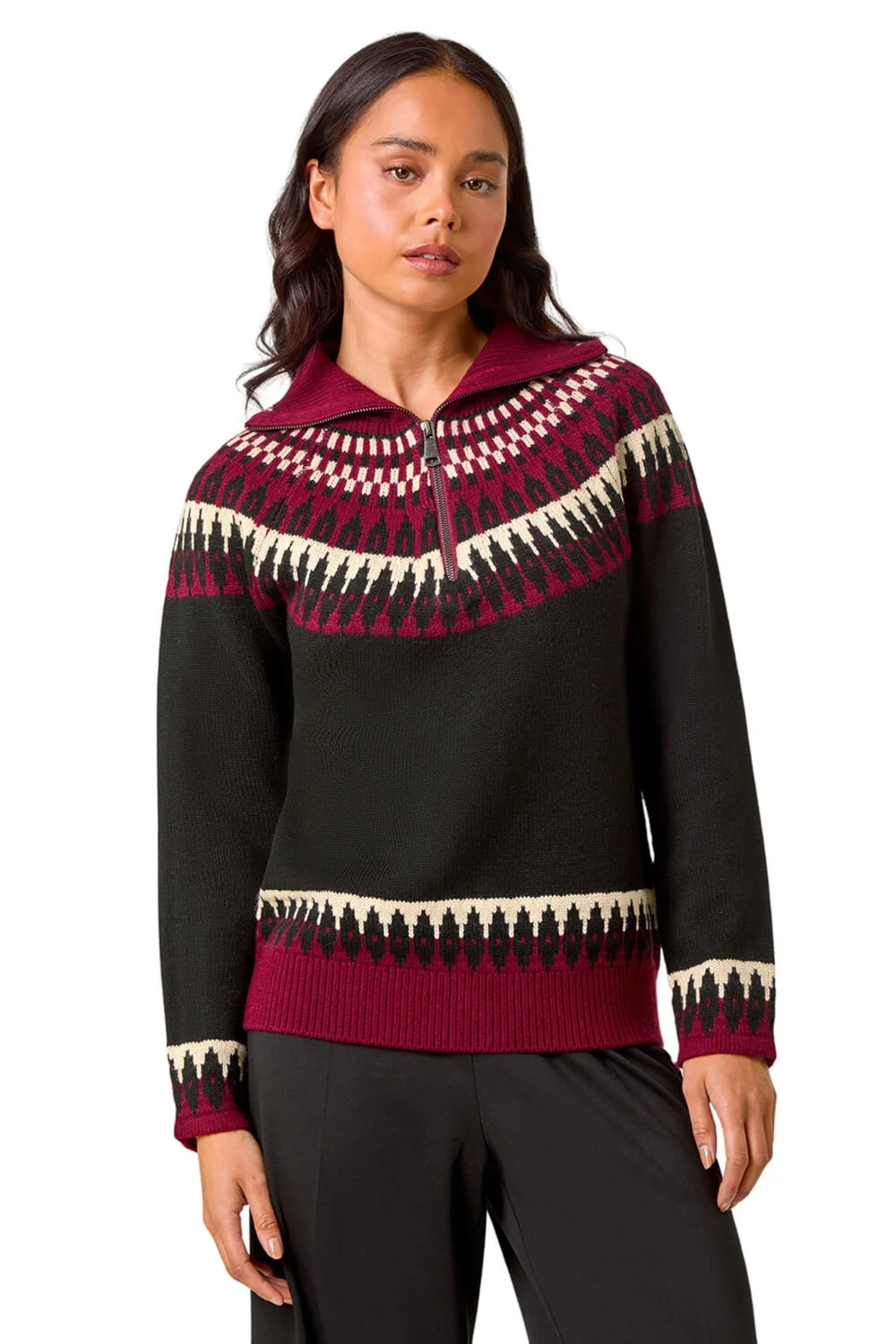 Roman Black Petite Fairisle Zip Detail Jumper - Size 16 Image 1