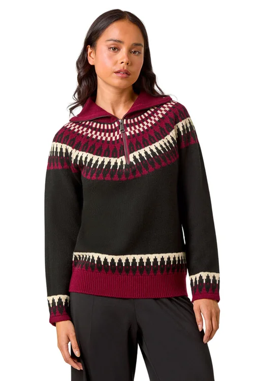 Roman Black Petite Fairisle Zip Detail Jumper - Size 16 Image 1