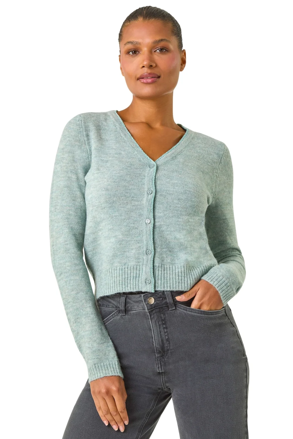 Roman Sage Shimmer V-Neck Ribbed Cardigan - S Image 1