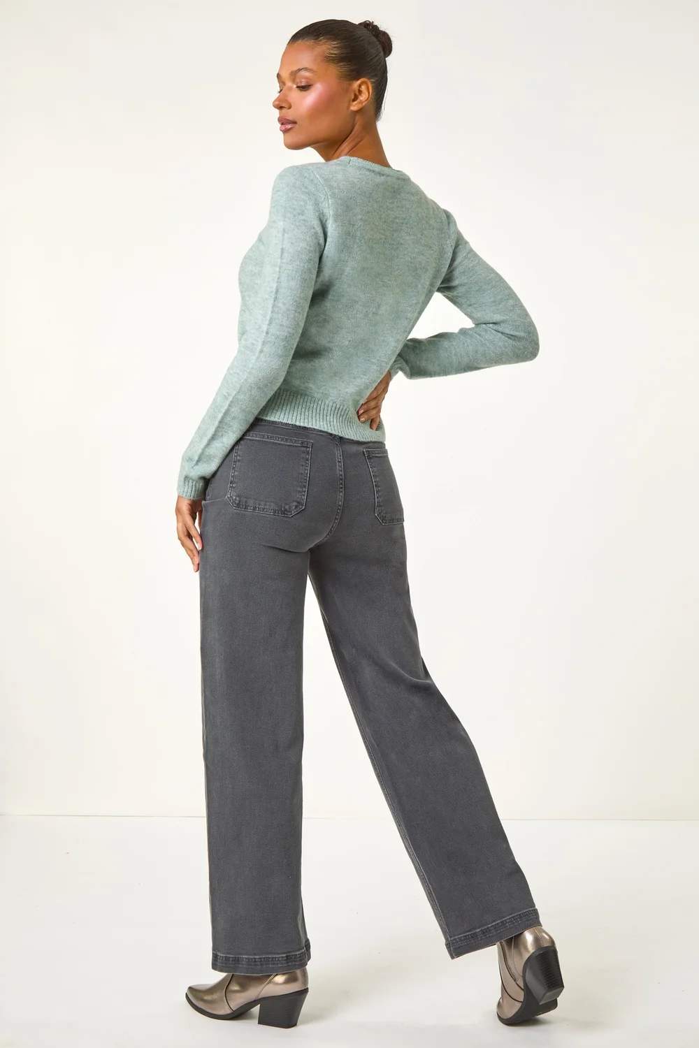 Roman Sage Shimmer V-Neck Ribbed Cardigan - S Image 4