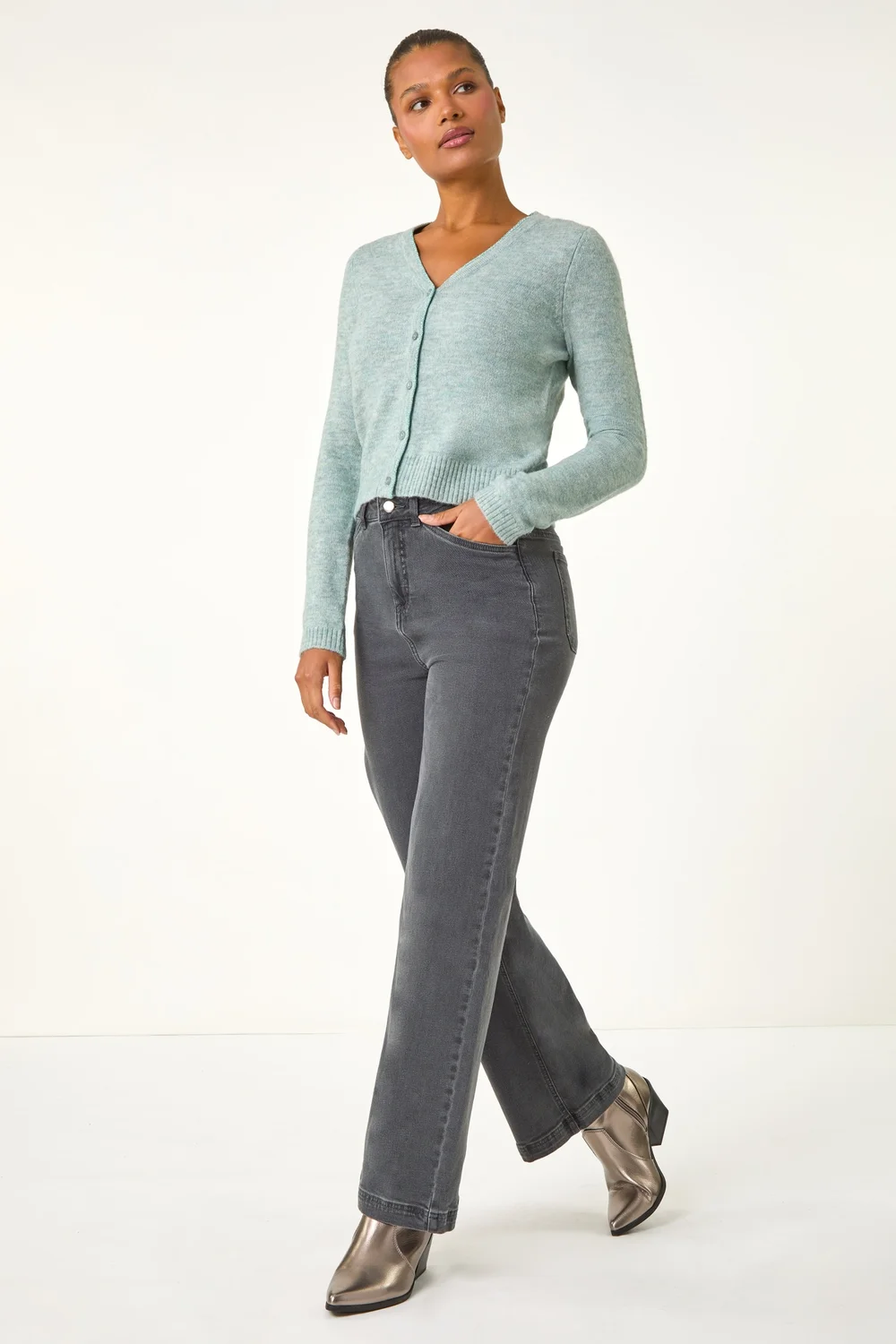 Roman Sage Shimmer V-Neck Ribbed Cardigan - S Image 3