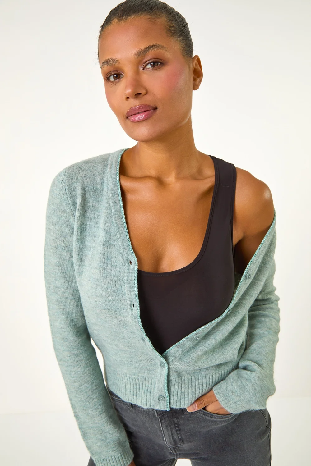 Roman Sage Shimmer V-Neck Ribbed Cardigan - S Image 2