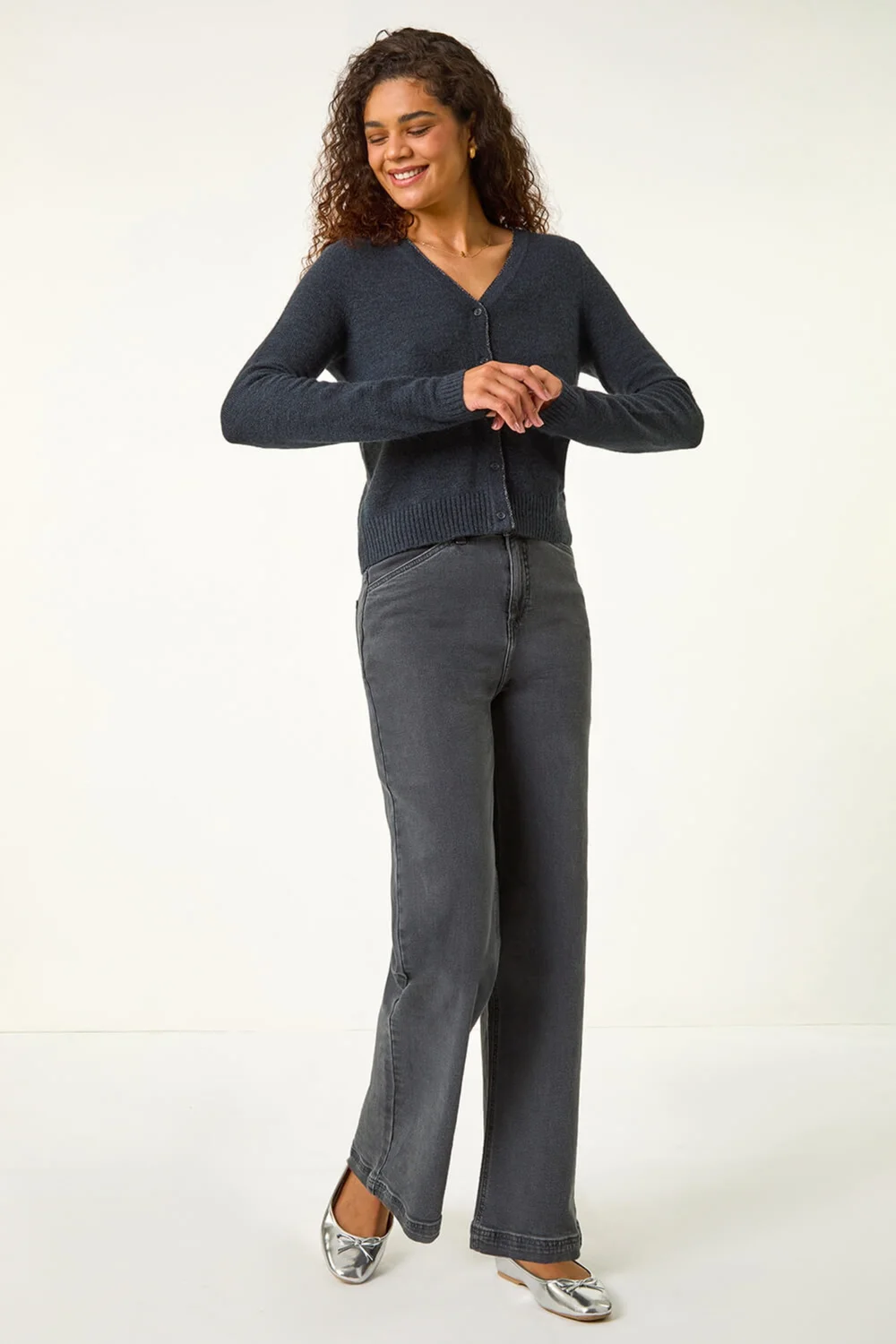 Roman Dark Grey Shimmer V-Neck Ribbed Cardigan - Small Image 3