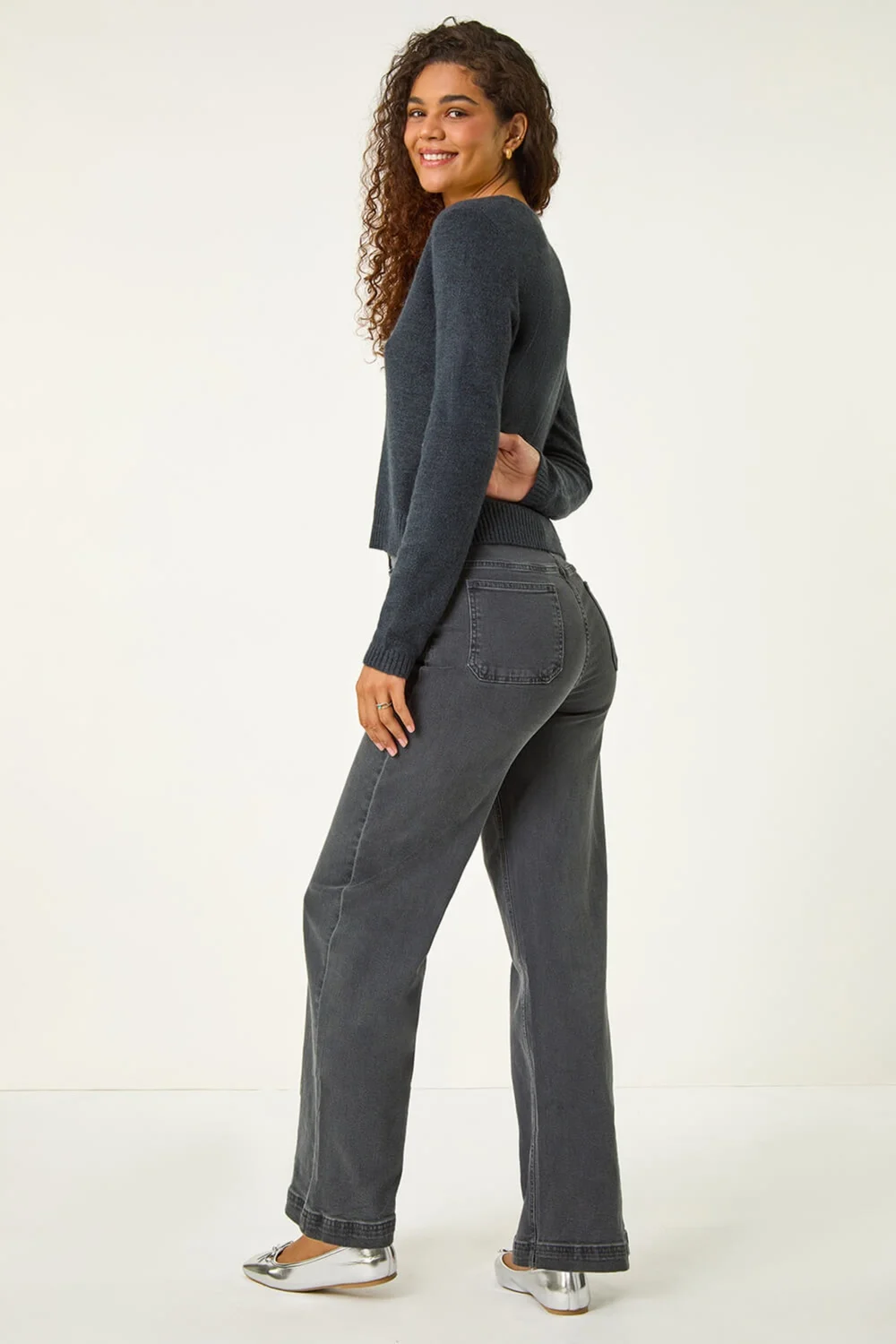 Roman Dark Grey Shimmer V-Neck Ribbed Cardigan - Small Image 4