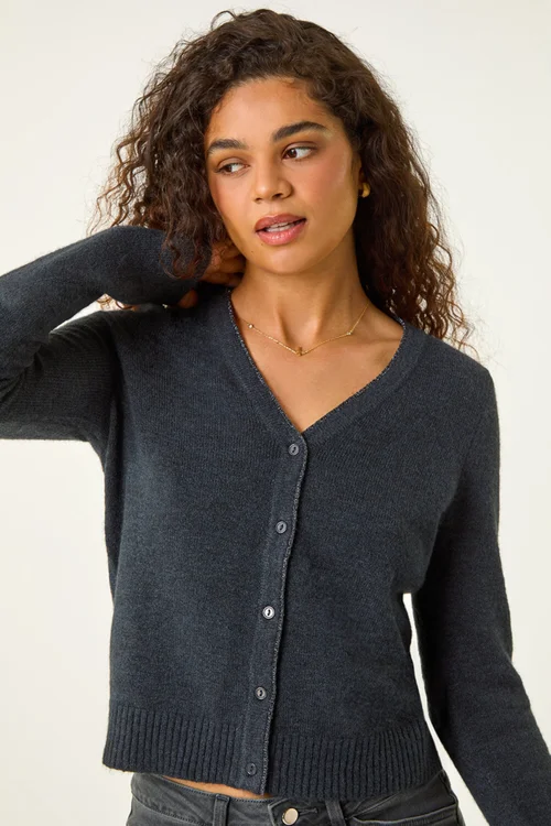 Roman Dark Grey Shimmer V-Neck Ribbed Cardigan - Small Image 2
