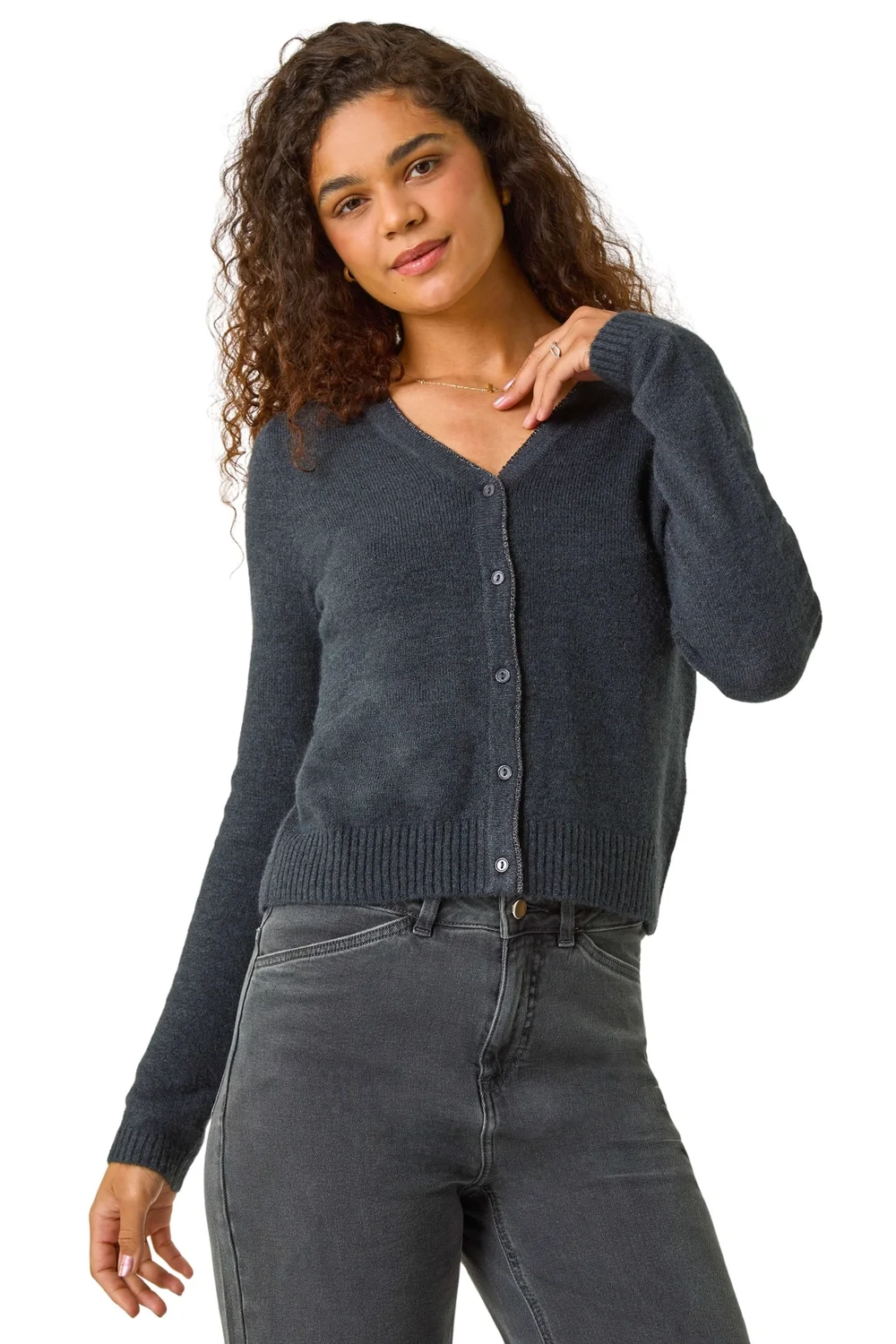 Roman Dark Grey Shimmer V-Neck Ribbed Cardigan - Small Image 1