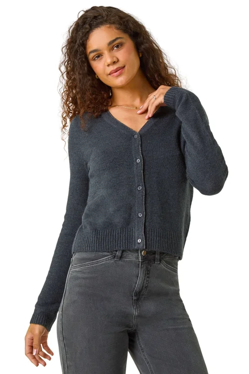Roman Dark Grey Shimmer V-Neck Ribbed Cardigan - Small Image 1