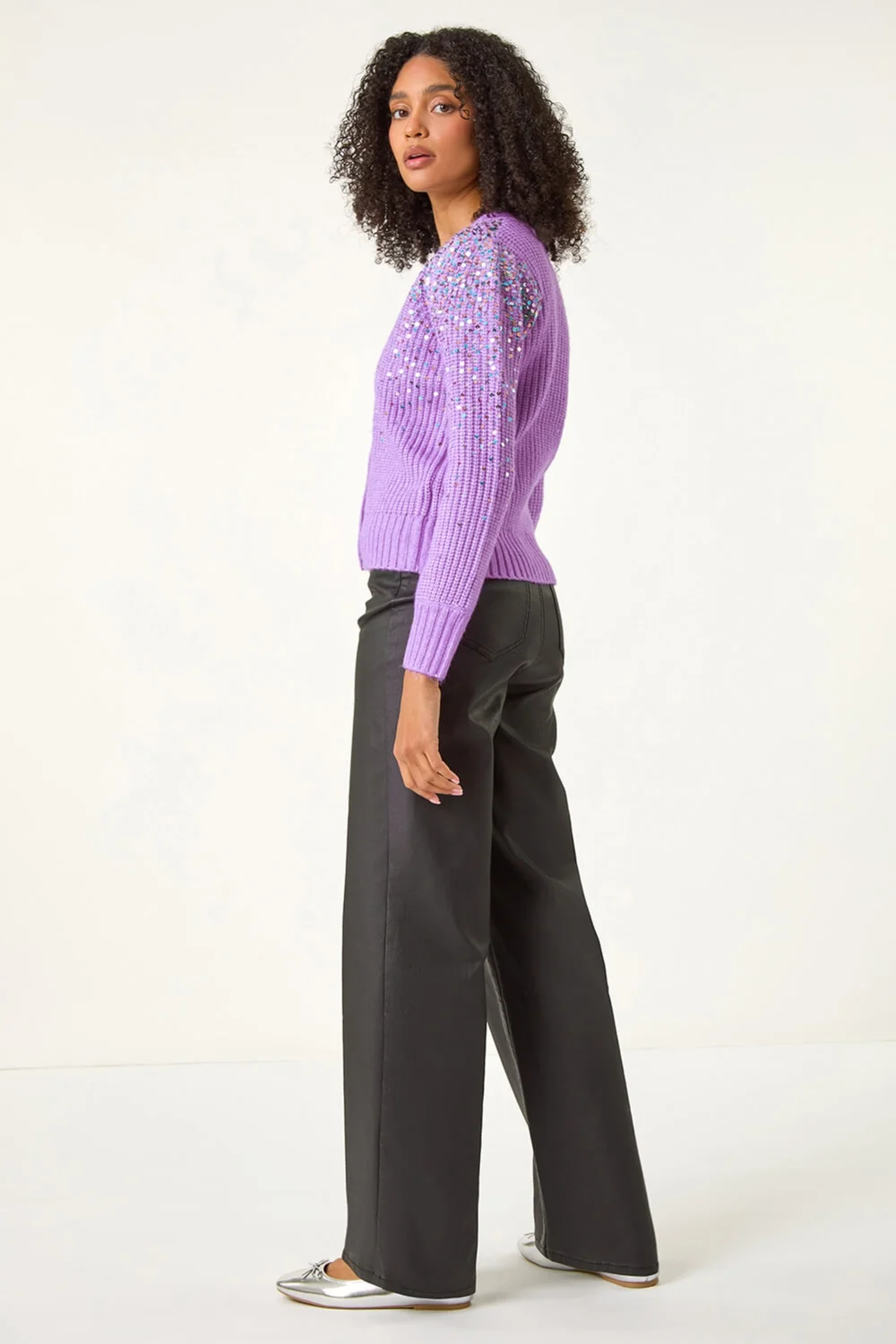 Roman Lilac Sequin Knit Buttoned Cardigan - S Image 4