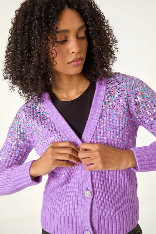 Roman Lilac Sequin Knit Buttoned Cardigan - S Image 3