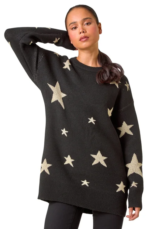 Roman Black Petite Metallic Star Print Jumper - Size 8 Image 1