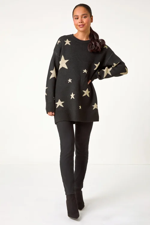 Roman Black Petite Metallic Star Print Jumper - Size 8 Image 2