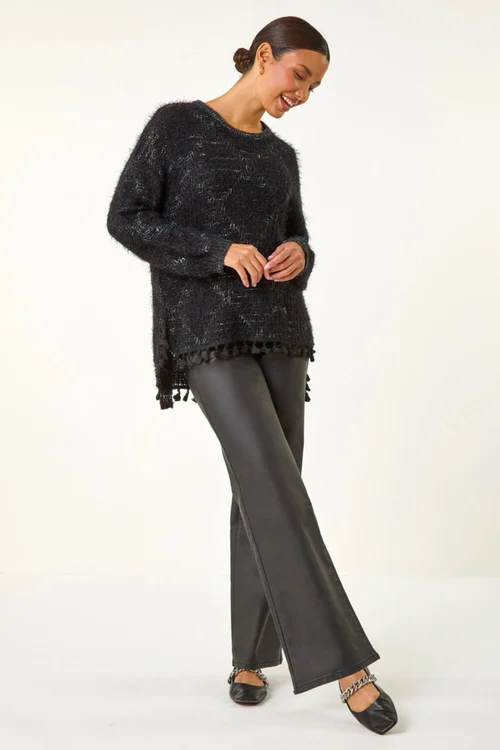 Roman Black Fluffy Knit Fringe Hem Jumper - Size 20 Image 2