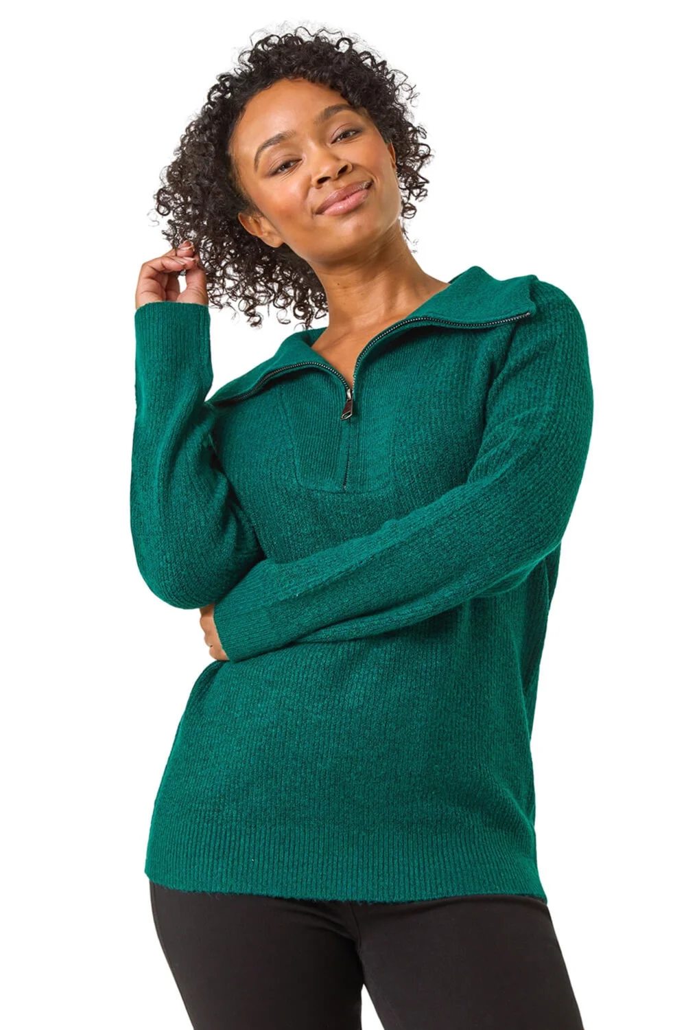 Roman Dark Green Petite Zip Detail Collared Jumper - 8 Image 1
