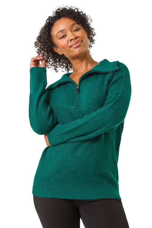 Roman Dark Green Petite Zip Detail Collared Jumper - 8 Image 1