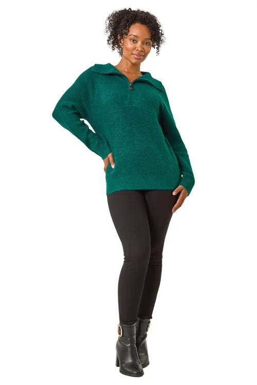 Roman Dark Green Petite Zip Detail Collared Jumper - 8 Image 2