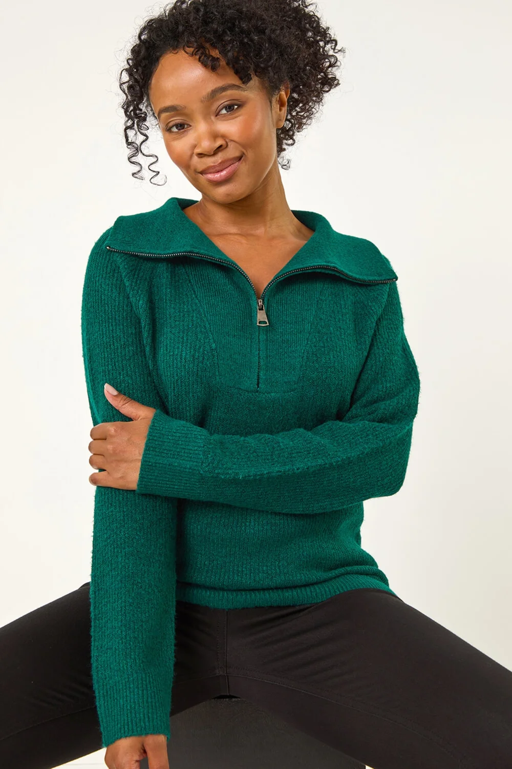 Roman Dark Green Petite Zip Detail Collared Jumper - 8 Image 3