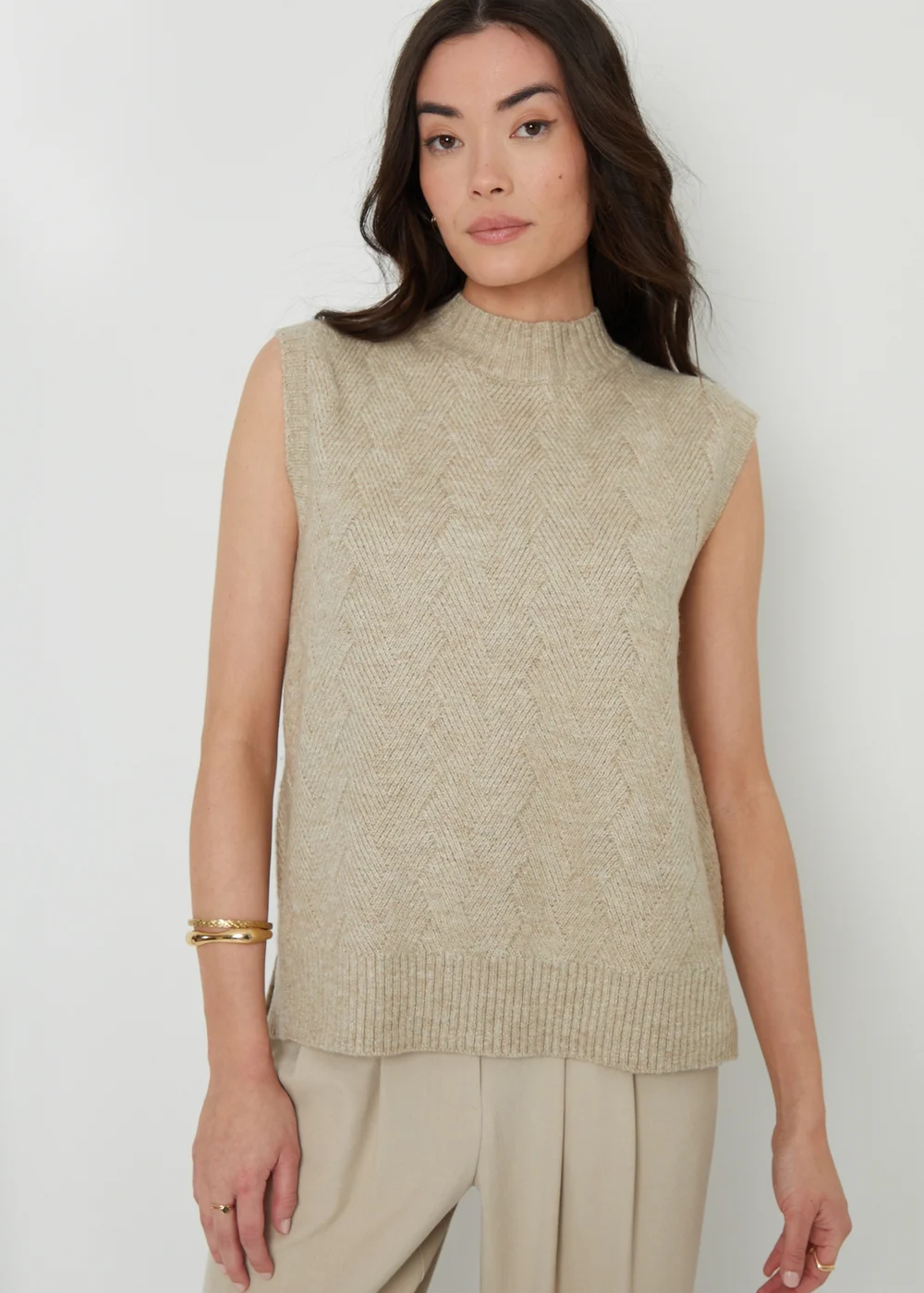 Threadbare Beige June High Neck Basket Stitch Knitted Vest - 8 Image 1