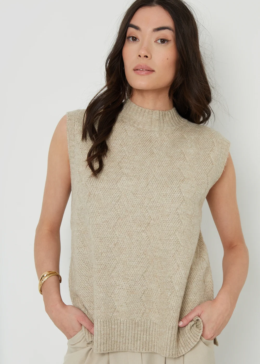Threadbare Beige June High Neck Basket Stitch Knitted Vest - 8 Image 3