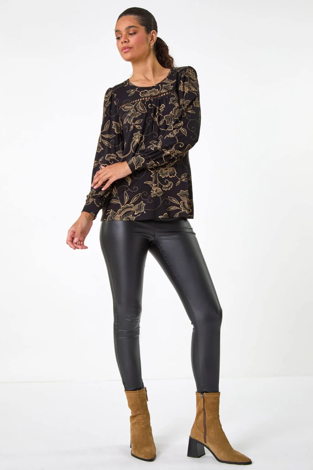 Roman Tan Floral Print Trim Detail Stretch Top - 10 Image 2