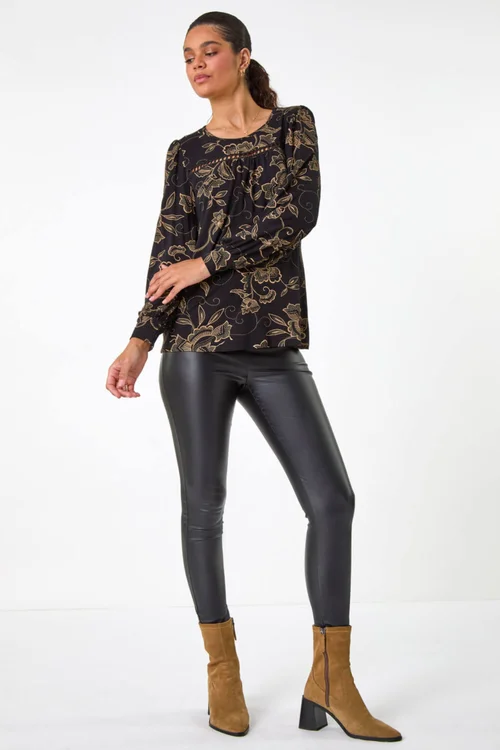 Roman Tan Floral Print Trim Detail Stretch Top - 10 Image 2