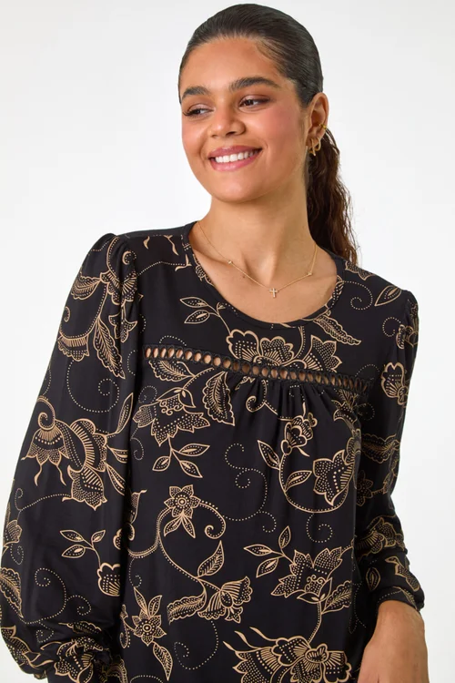 Roman Tan Floral Print Trim Detail Stretch Top - 10 Image 4