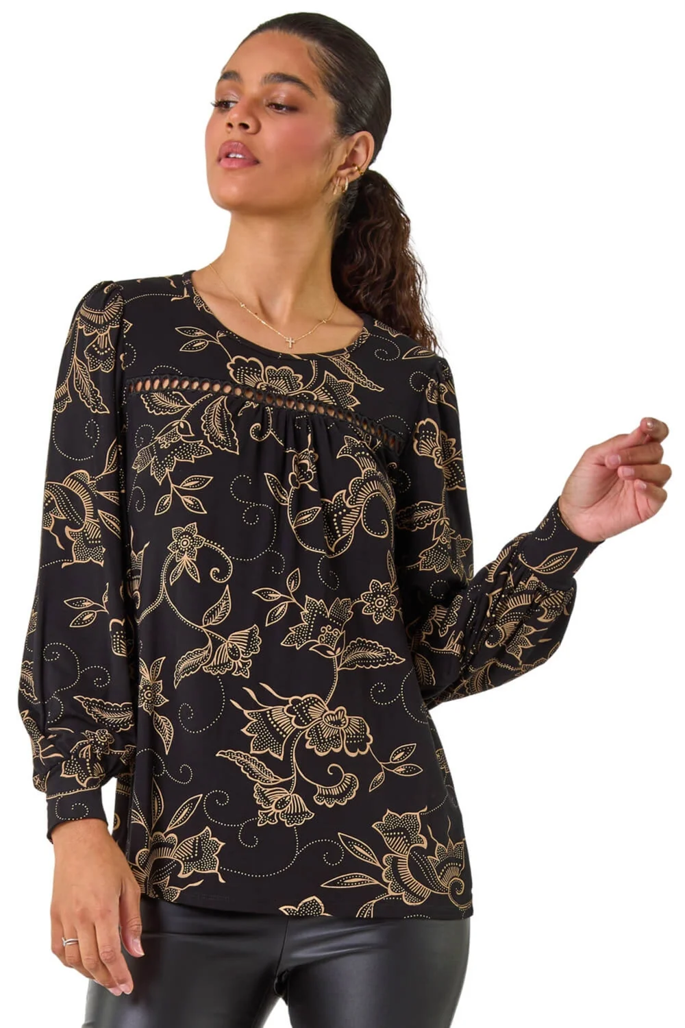 Roman Tan Floral Print Trim Detail Stretch Top - 10 Image 1