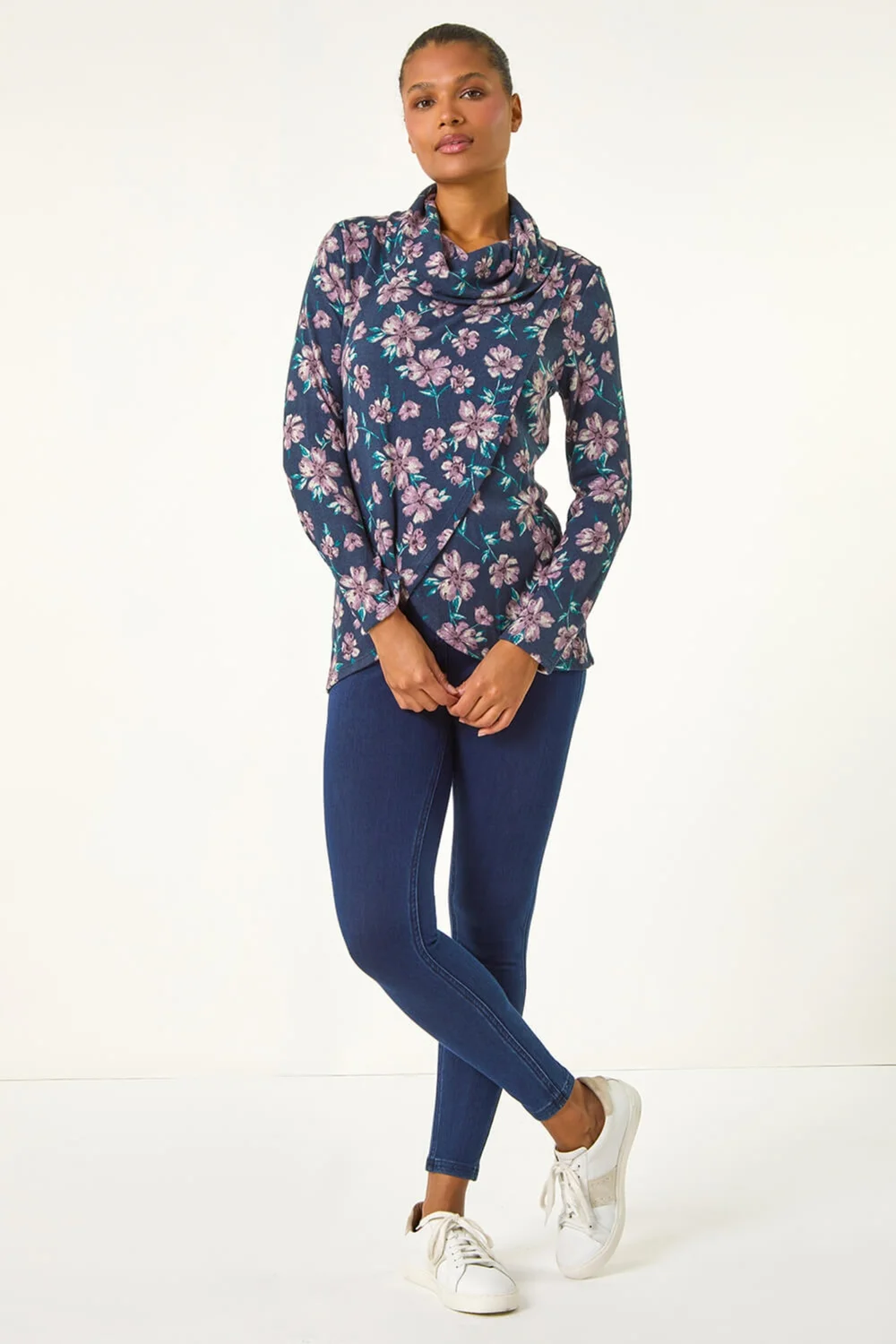 Roman Navy Cowl Neck Floral Snit Top - 10 Image 4