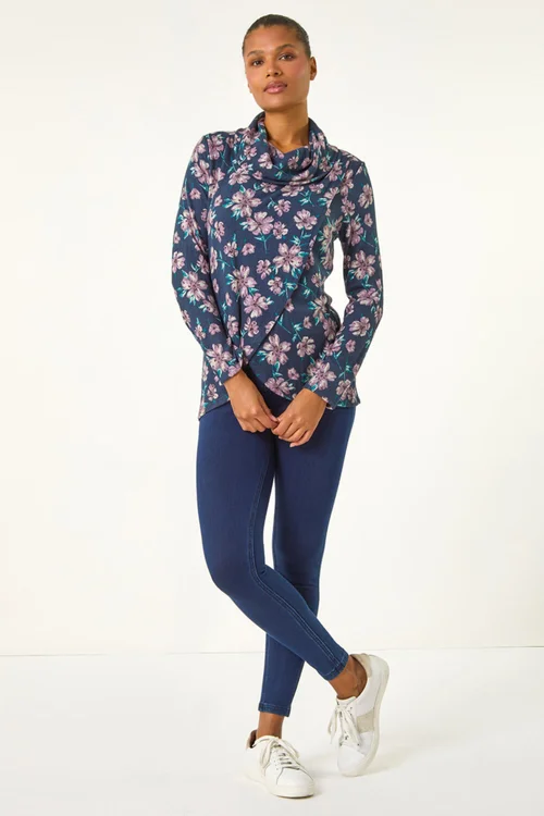 Roman Navy Cowl Neck Floral Snit Top - 10 Image 4