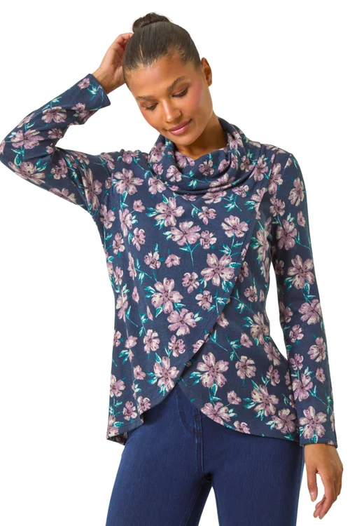 Roman Navy Cowl Neck Floral Snit Top - 10 Image 3