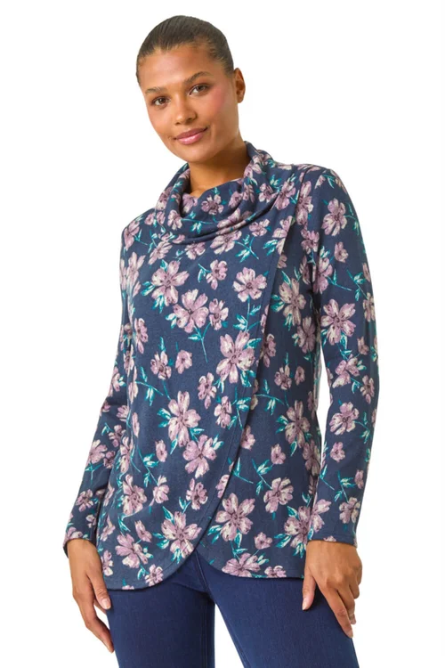 Roman Navy Cowl Neck Floral Snit Top - 10 Image 2