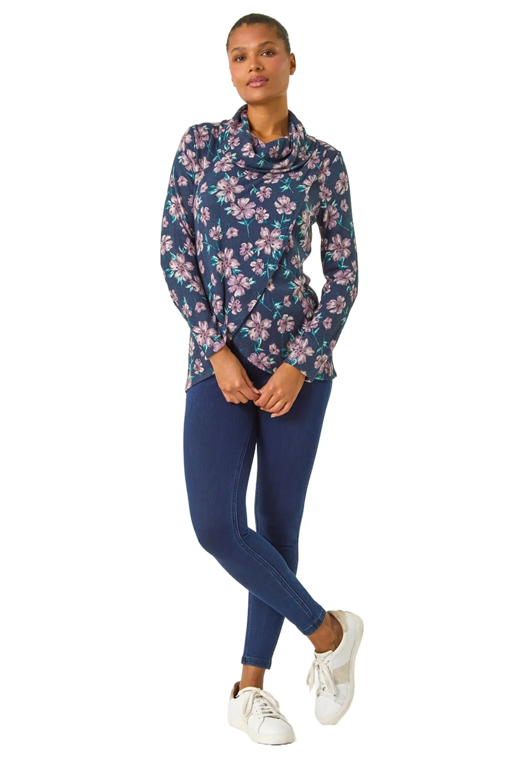 Roman Navy Cowl Neck Floral Snit Top - 10 Image 1