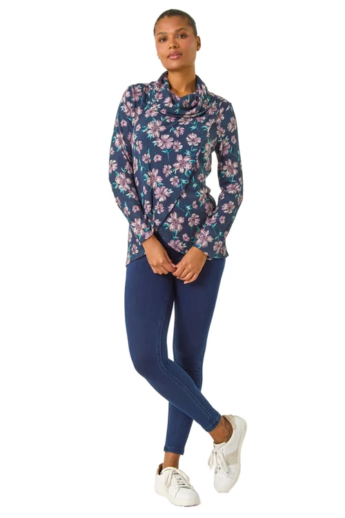 Roman Navy Cowl Neck Floral Snit Top - 10 Image 1