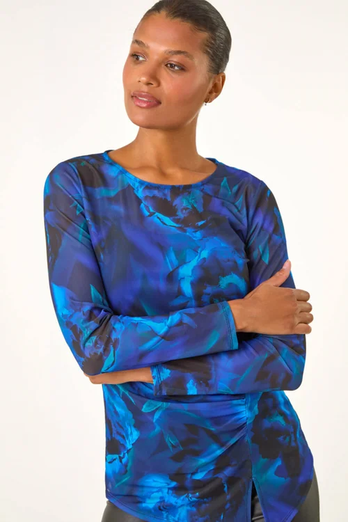 Roman Blue Blurred Print Ruched Stretch Mesh Top - 10 Image 4