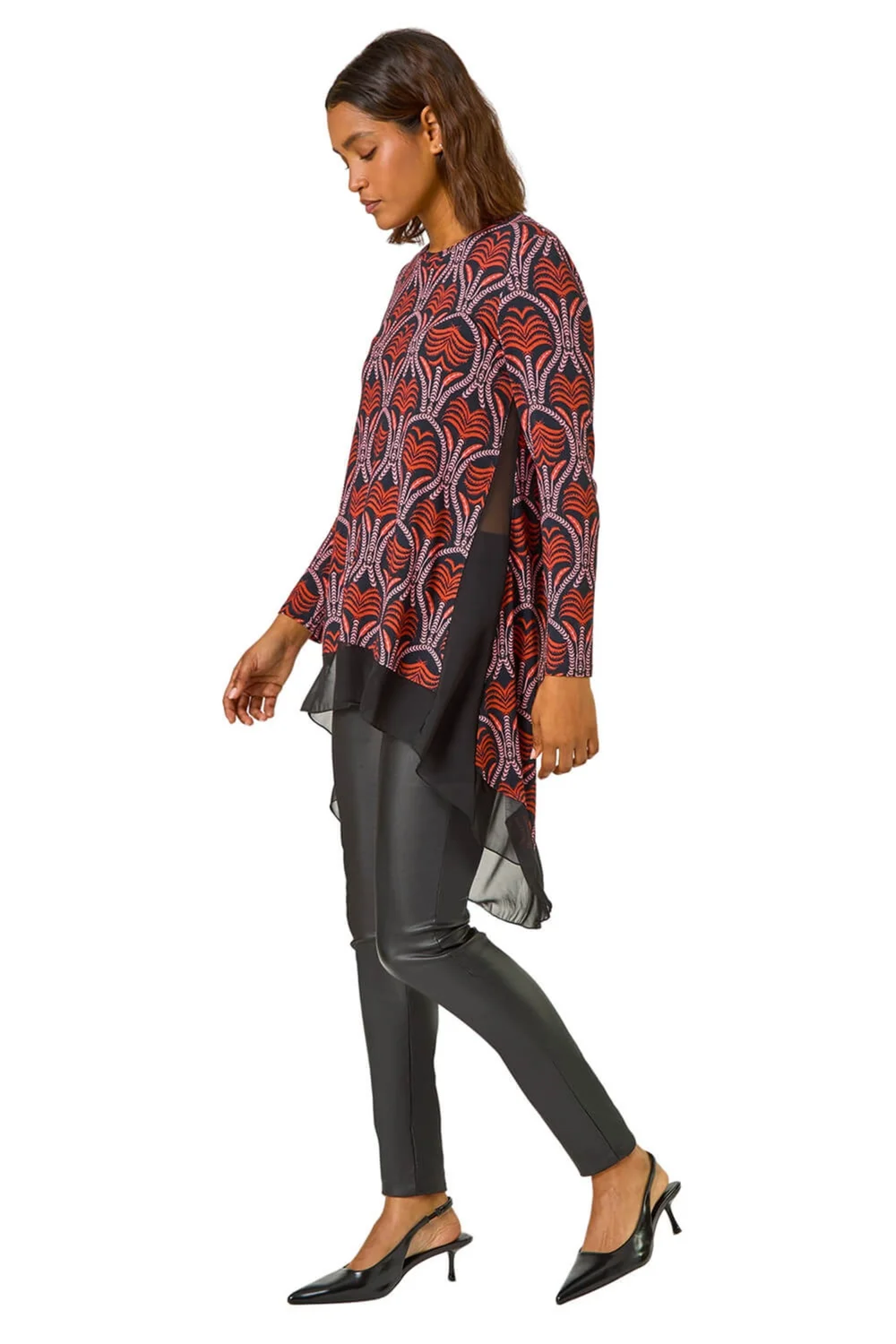 Roman Red Chiffon Hem Printed Stretch Top - Size 12 Image 4