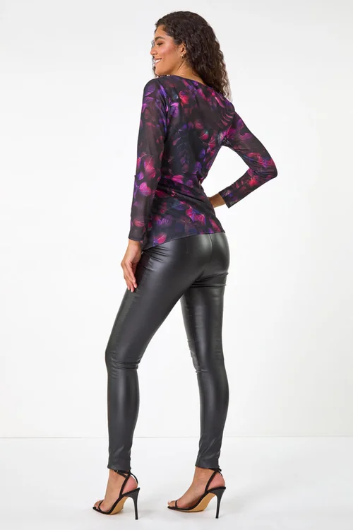 Roman Pink Blurred Print Ruched Stretch Mesh Top - Size 20 Image 4