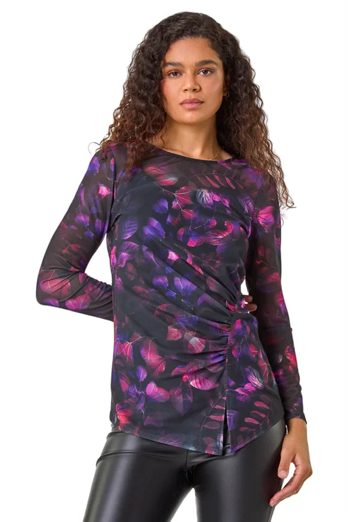 Roman Pink Blurred Print Ruched Stretch Mesh Top - Size 20 Image 2