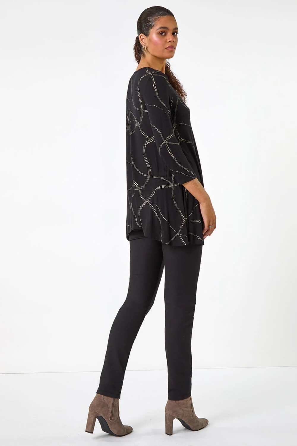 Roman Tan Abstract Print Hanky Hem Stretch Top - 10 Image 3