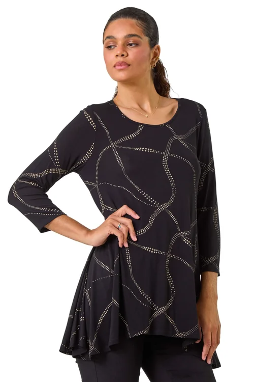 Roman Tan Abstract Print Hanky Hem Stretch Top - 10 Image 1
