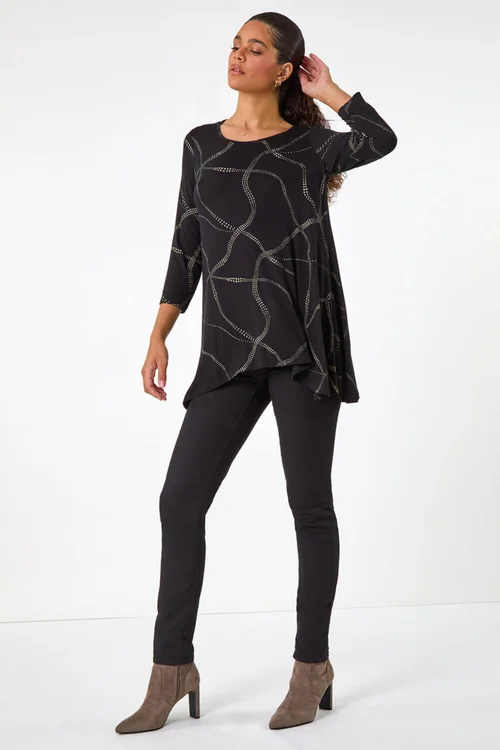 Roman Tan Abstract Print Hanky Hem Stretch Top - 10 Image 2