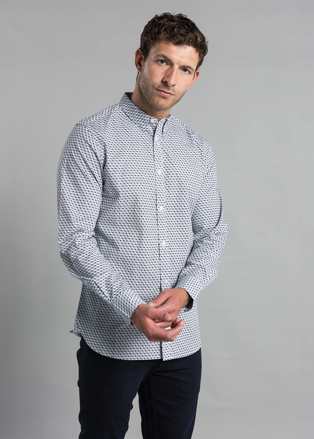 French Connection Navy Cotton Long Sleeve Cube-Design Shirt - S Image 3