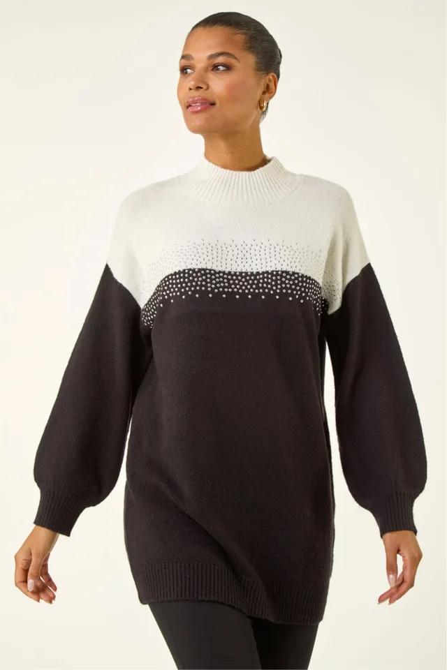 Roman Black Colour Block Sparkly Longline Jumper
