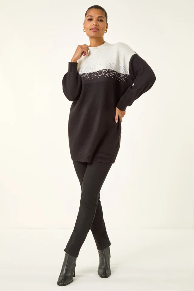Roman Black Colour Block Sparkly Longline Jumper