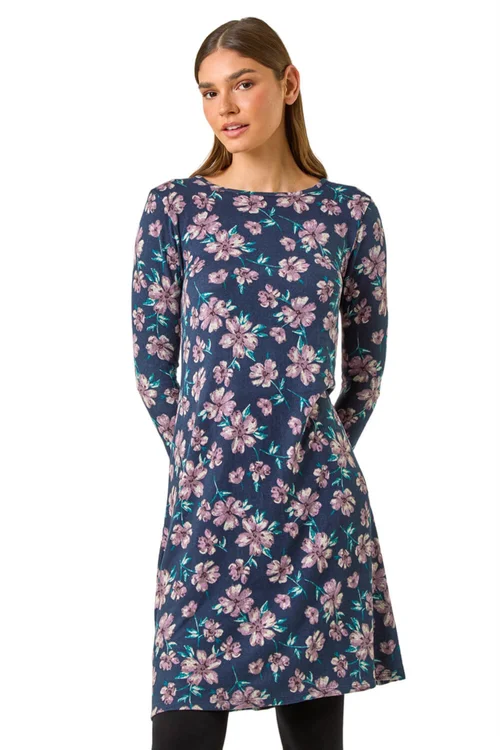 Roman Navy Floral Print Swing Stretch Midi Dress - 10 Image 1