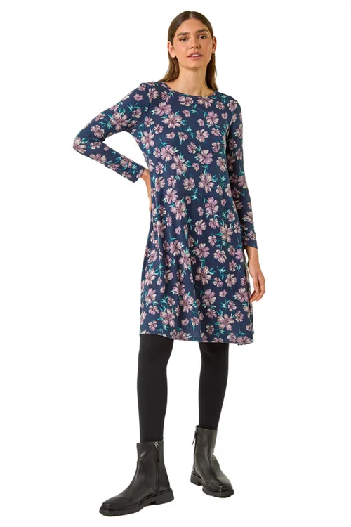 Roman Navy Floral Print Swing Stretch Midi Dress - 10 Image 2