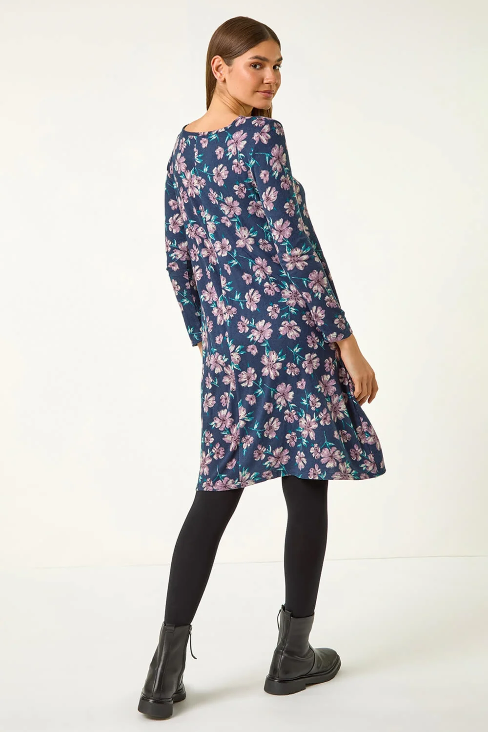Roman Navy Floral Print Swing Stretch Midi Dress - 10 Image 3