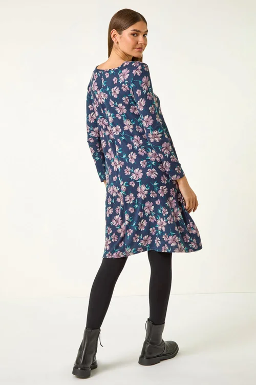 Roman Navy Floral Print Swing Stretch Midi Dress - 10 Image 3