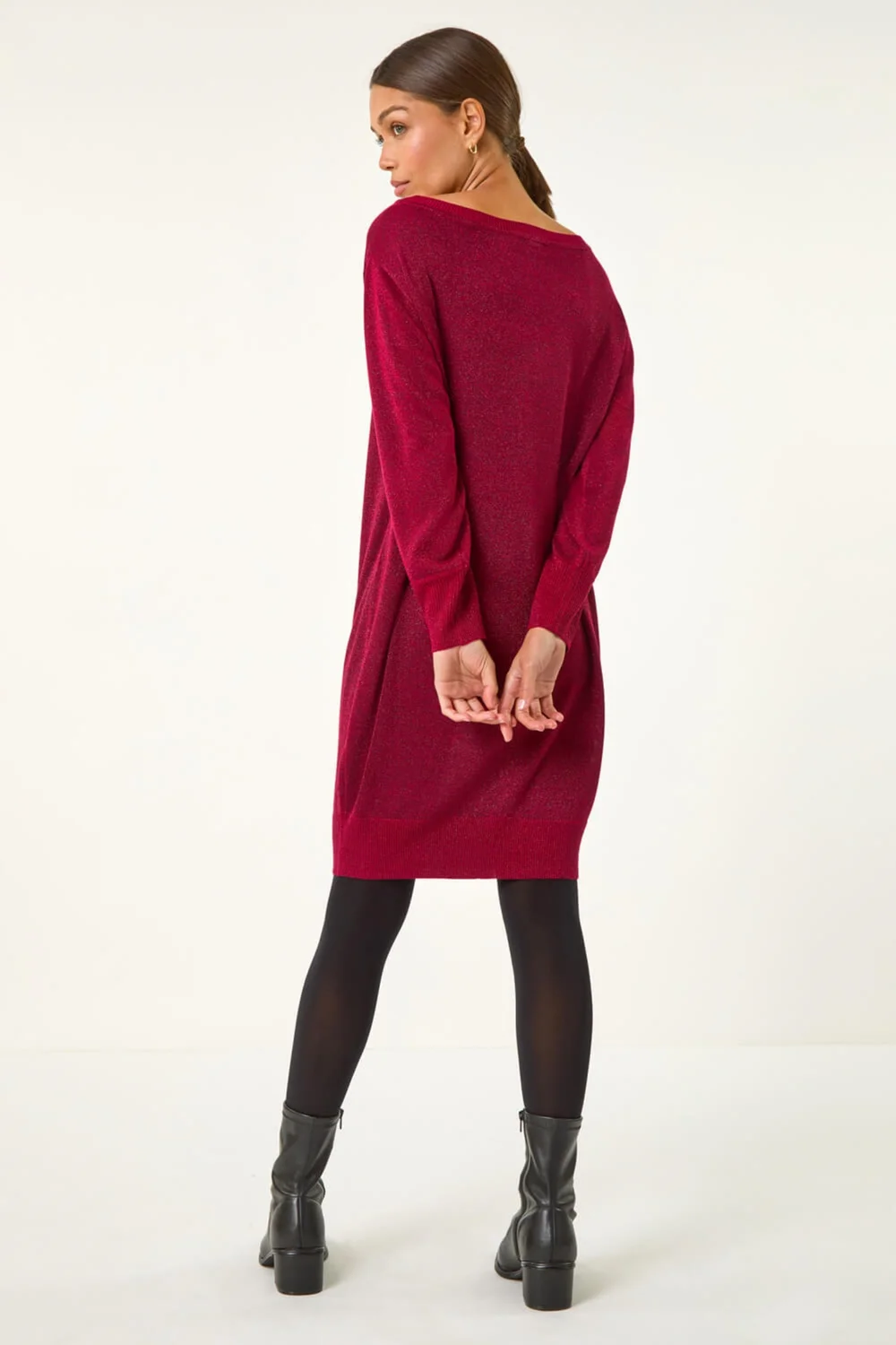 burgundy jumper dress uk Long Sleeve Fold Over Bardot Chunky Jumper Dress In Burgundy Knit | EGO UK