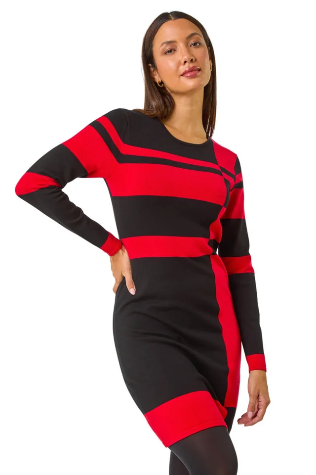 Roman Red Colour Block Knitted Dress